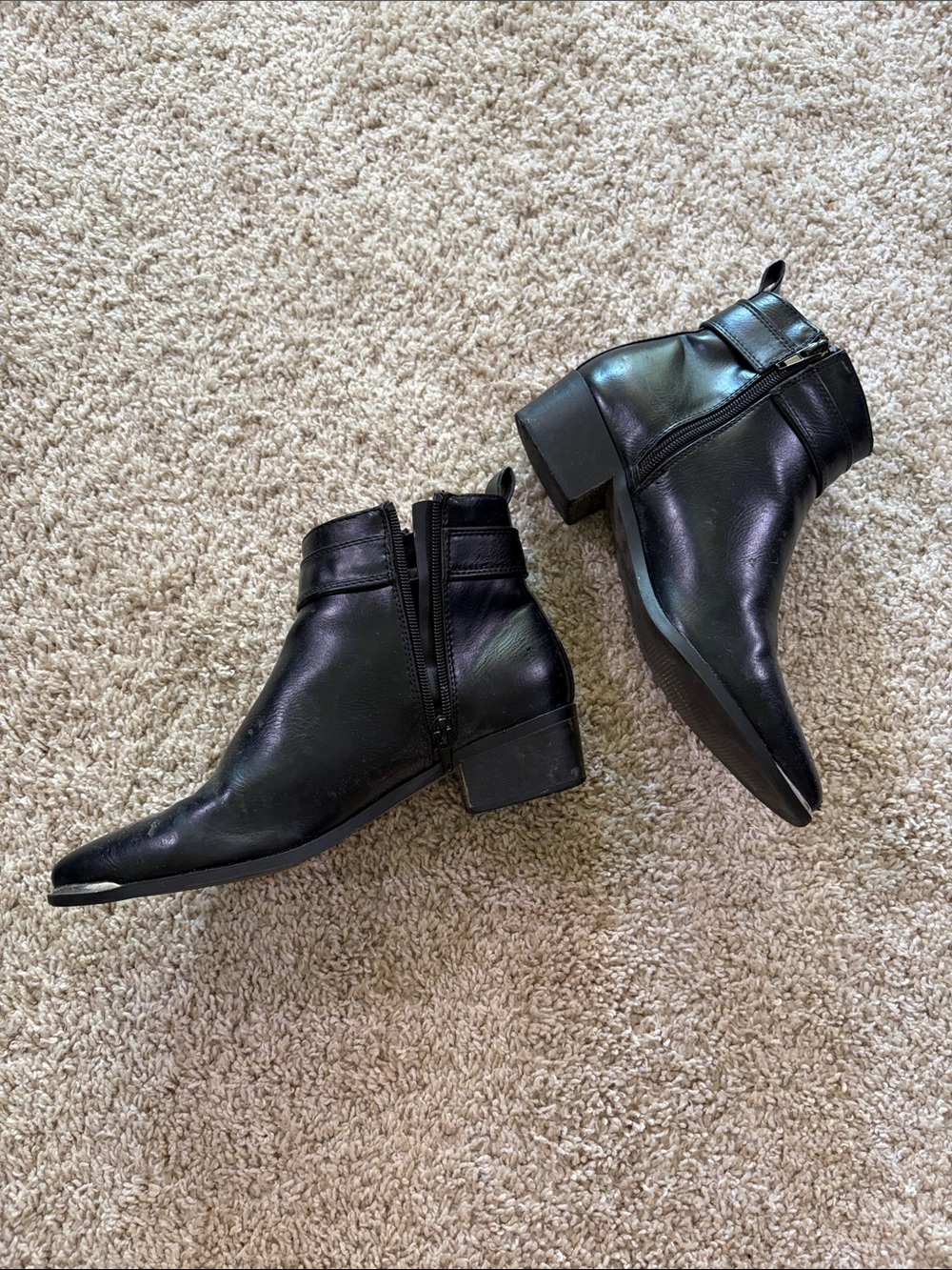 Nasty Gal Black Pointed Leather Ankle Boots with Side Zip and Buckle - Picture 2 of 5